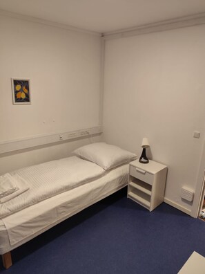 A single-bed room with a white bed, a nightstand with a lamp, a small picture on the wall, and a blue carpet. - Tórshavn Central Guesthouse (Tórshavn)
