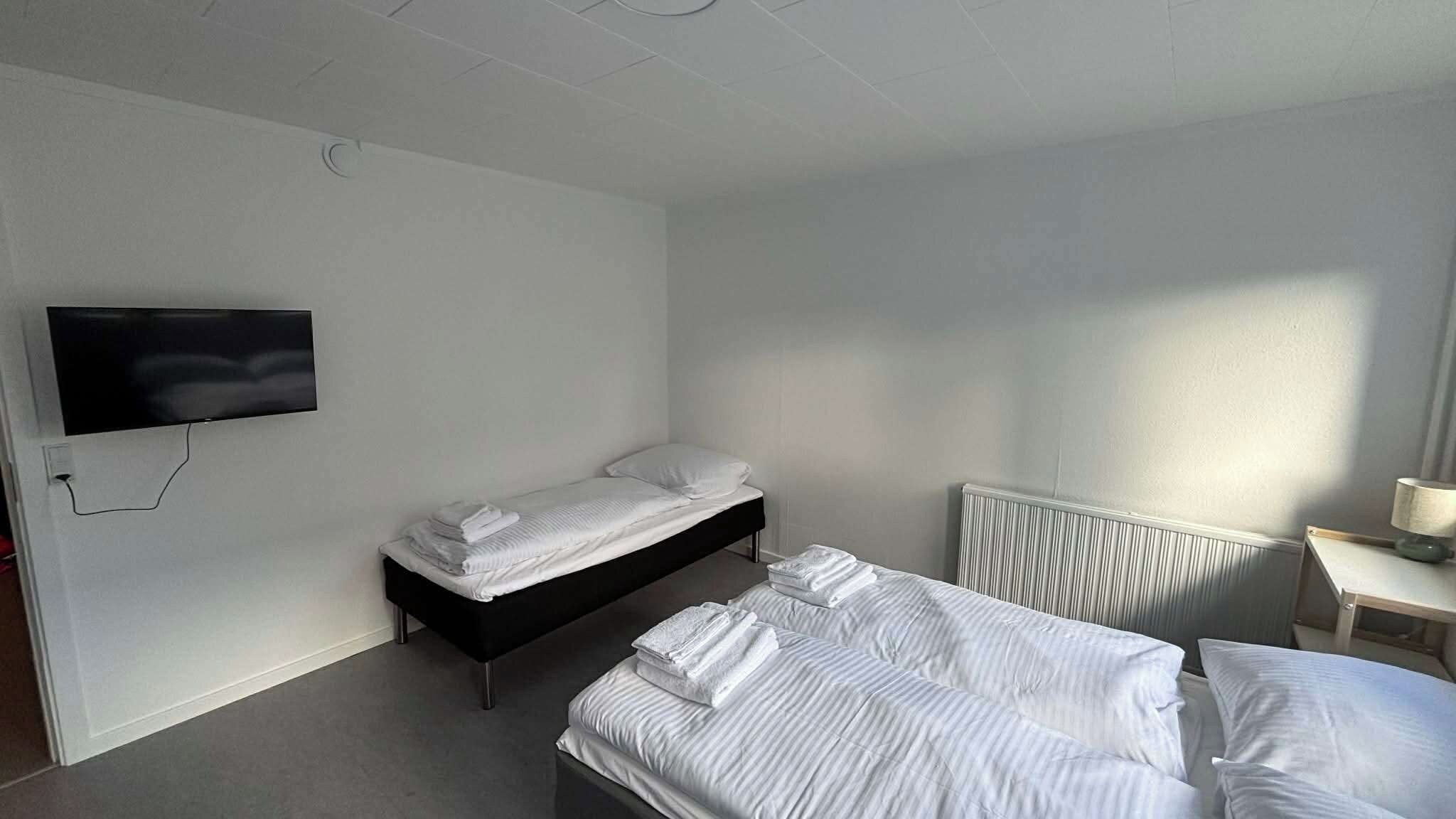 Une chambre d’hôtel avec un lit simple, un petit lit, un téléviseur à écran plat fixé au mur, un radiateur et une table de chevet avec une lampe.