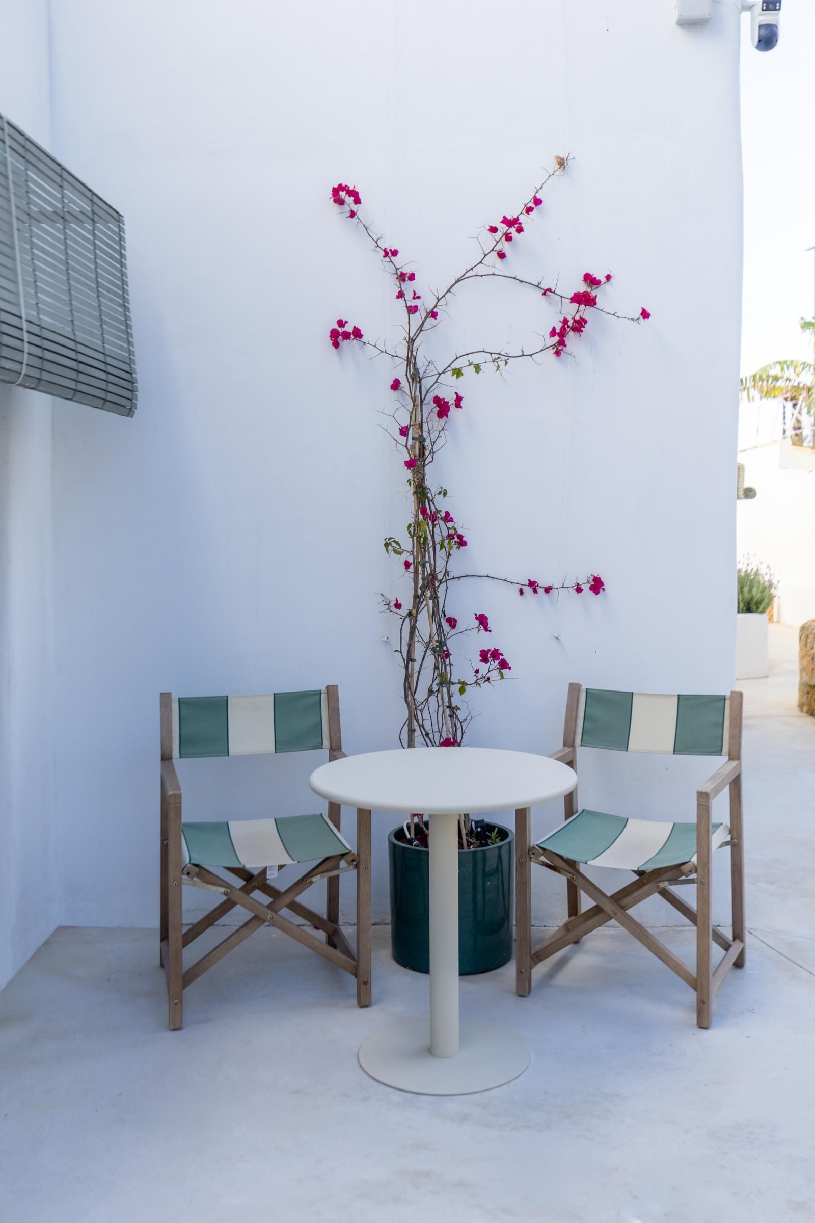 Een klein buitgedeelte met een ronde tafel en twee stoelen, een bloempot met roze bloemen en een witte muur.