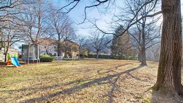 A park with a playground, trees, and a clear sky.