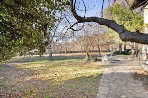 A park with a stone pathway, benches, and leaf-covered ground.
