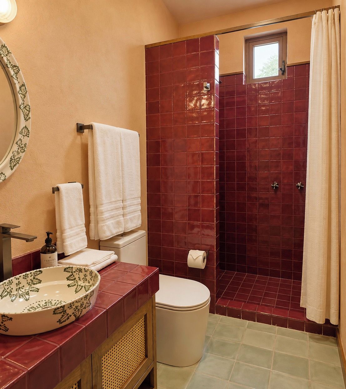 Un baño con inodoro, lavamanos y zona de ducha.