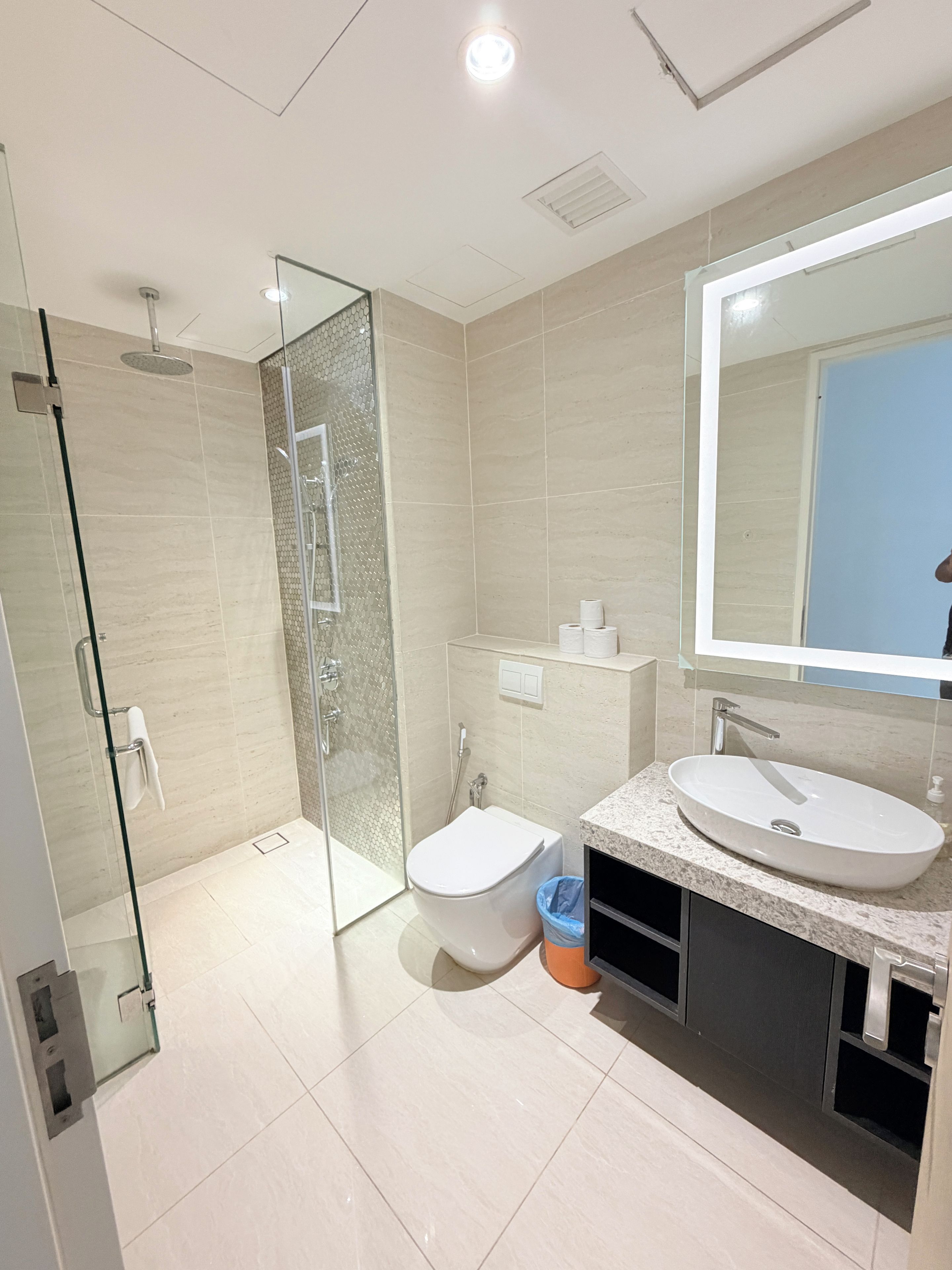 A modern bathroom with a glass-enclosed shower, a toilet, and a sink with a large mirror above it.