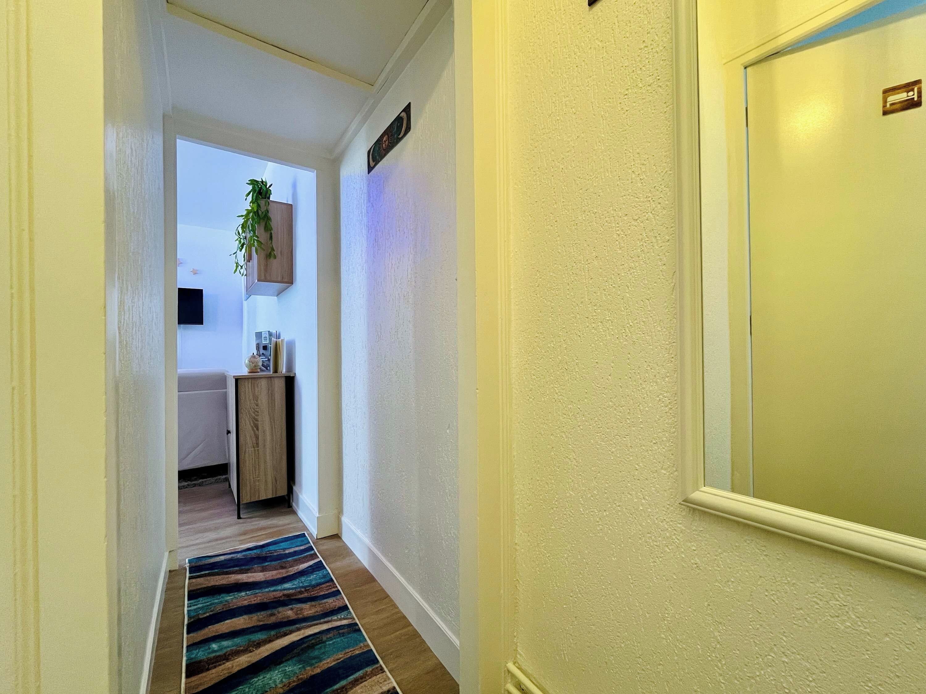 A hallway with a striped rug, a wooden cabinet, and a plant on the wall.