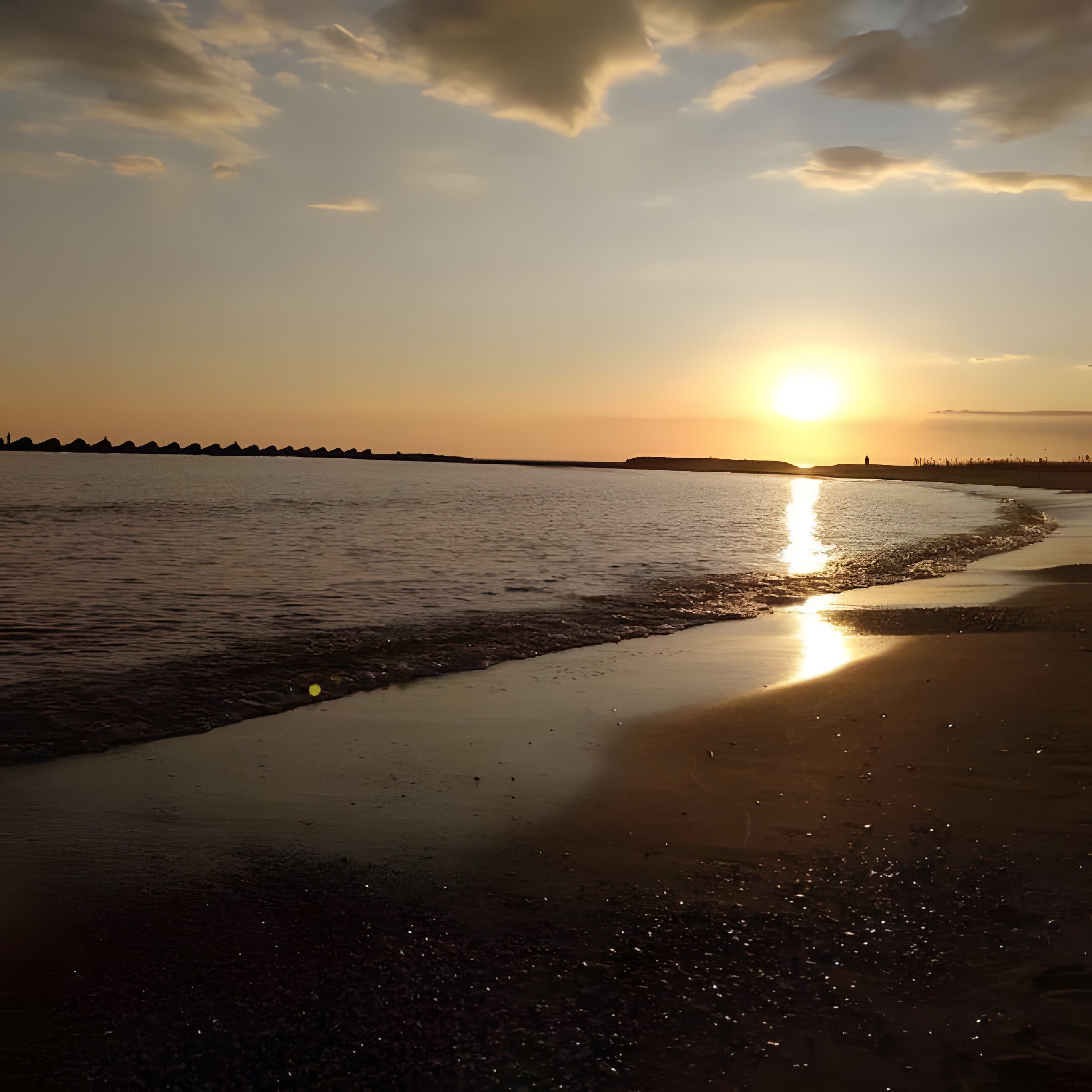 A beach with a sunset, calm water, and a distant shoreline.