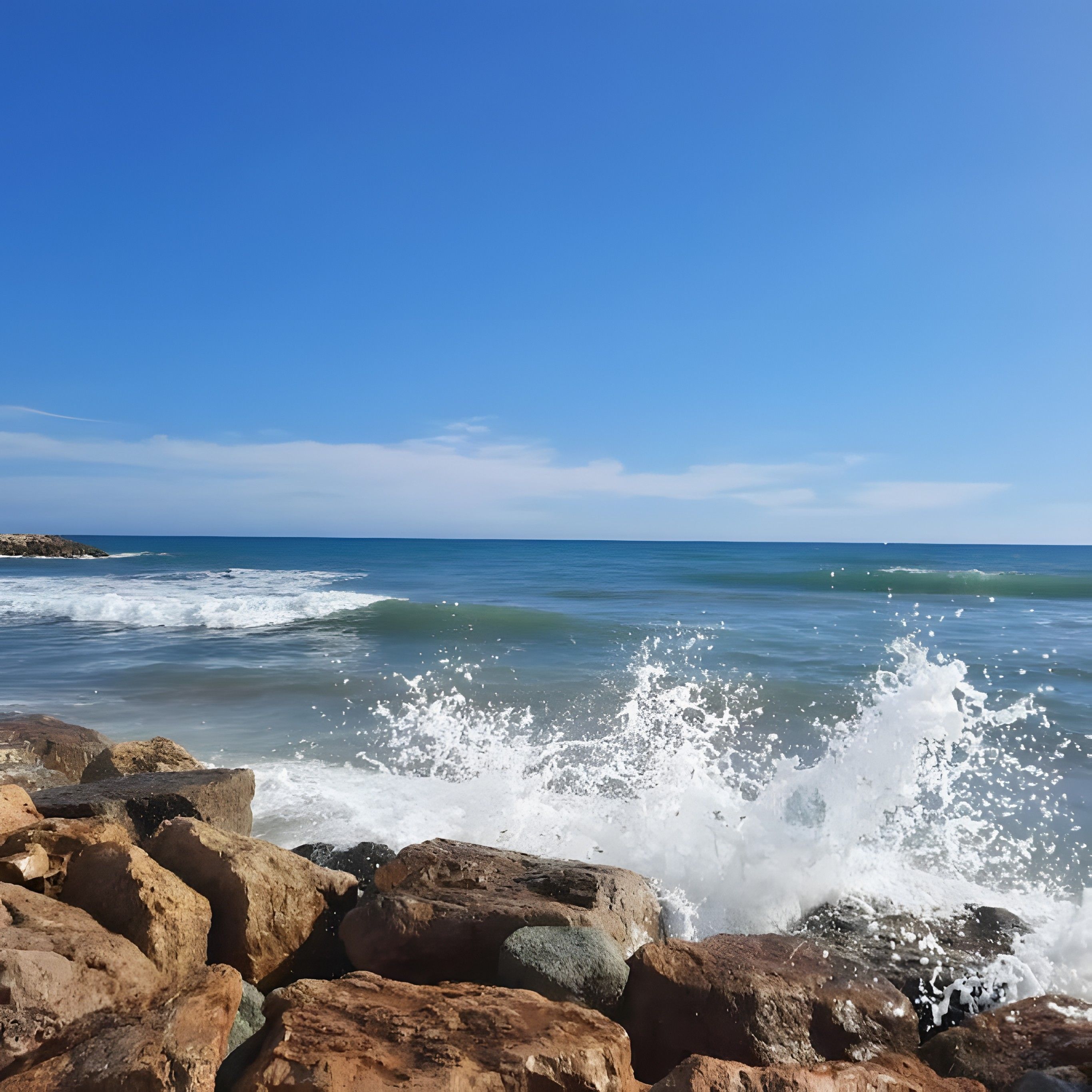 Un rivage rocheux où les vagues s’écrasent contre les rochers.