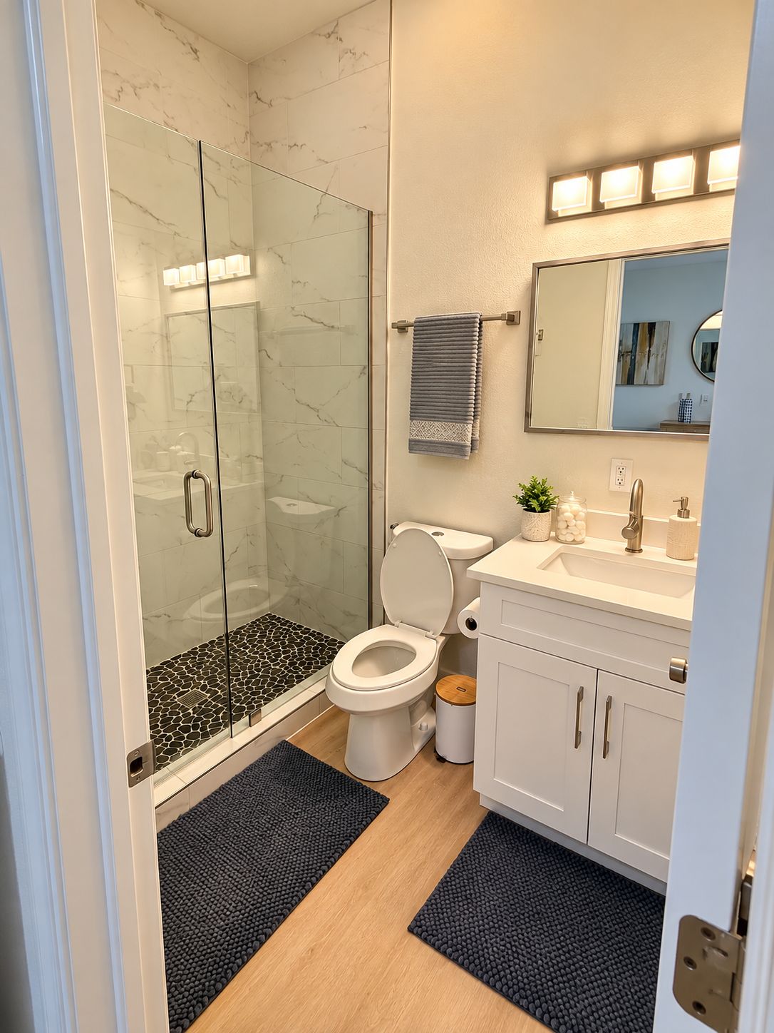 A modern bathroom with a glass-enclosed shower, a toilet, a sink, and a mirror.