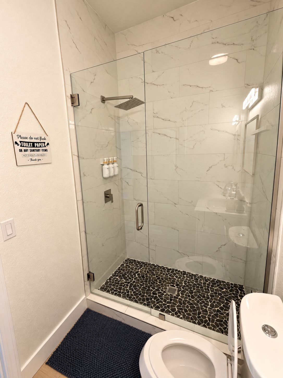A modern bathroom with a glass-enclosed shower, a toilet, and a sink.