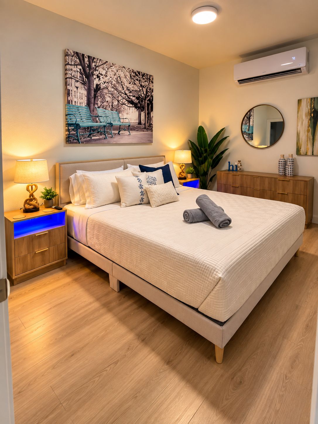 A neatly arranged bedroom with a bed, bedside tables, a nightstand, a mirror, and a wall-mounted air conditioner.