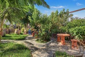 Un jardin avec un chemin de pierres, des palmiers et une table en bois.