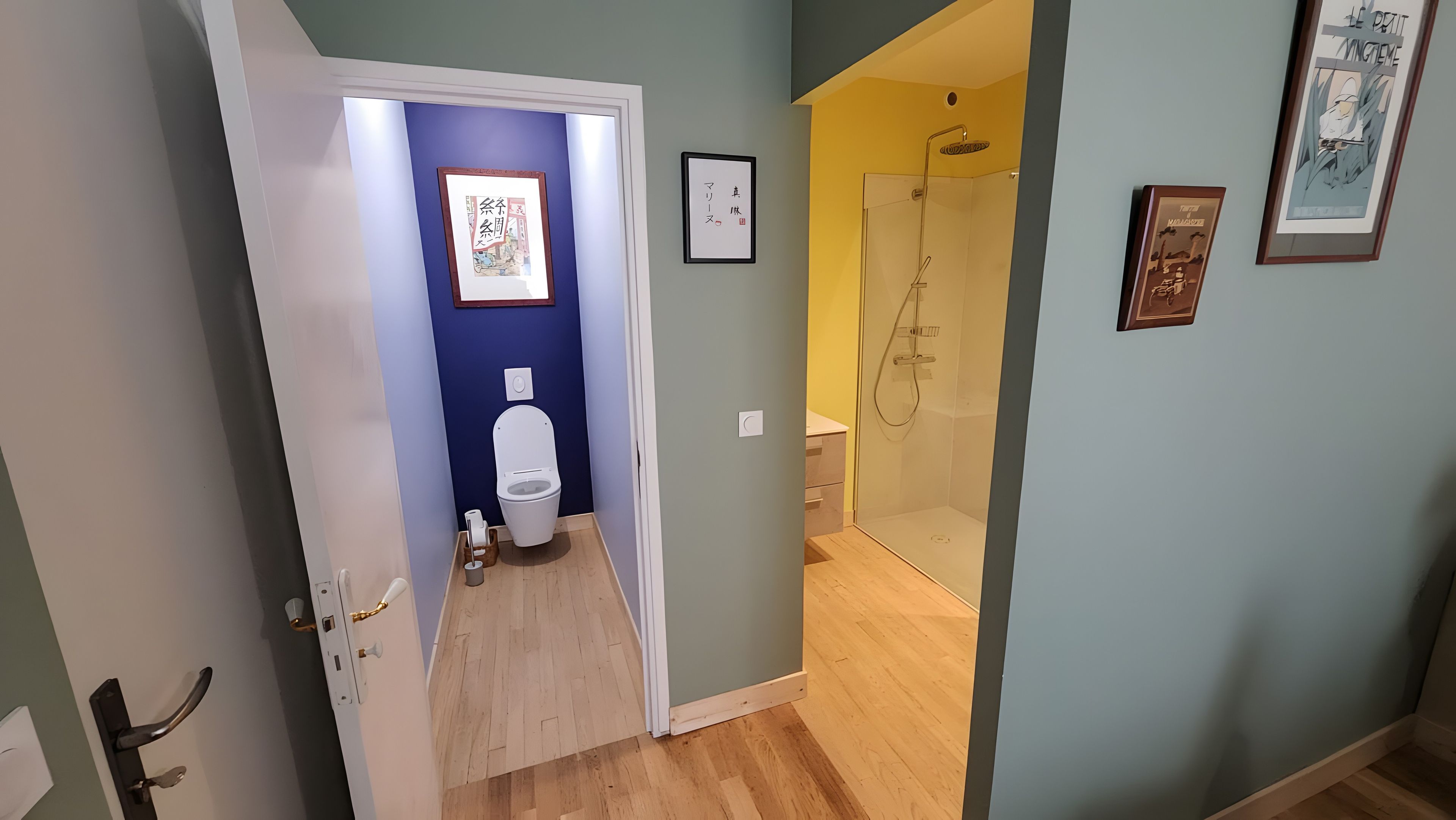 Une salle de bain avec des toilettes, une douche et un tableau encadré au mur.