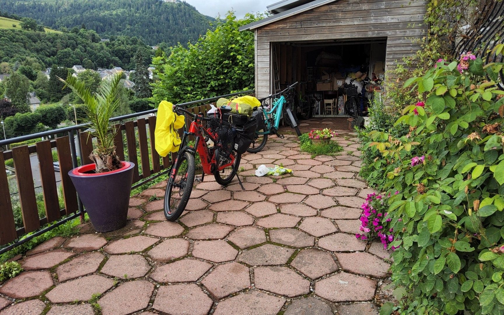 Een geplaveid buitengebied met fietsen, een potplant en een houten constructie.