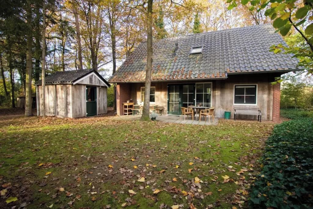 A rustic cabin with a tiled roof, a small attached shed, and a patio area with outdoor seating.