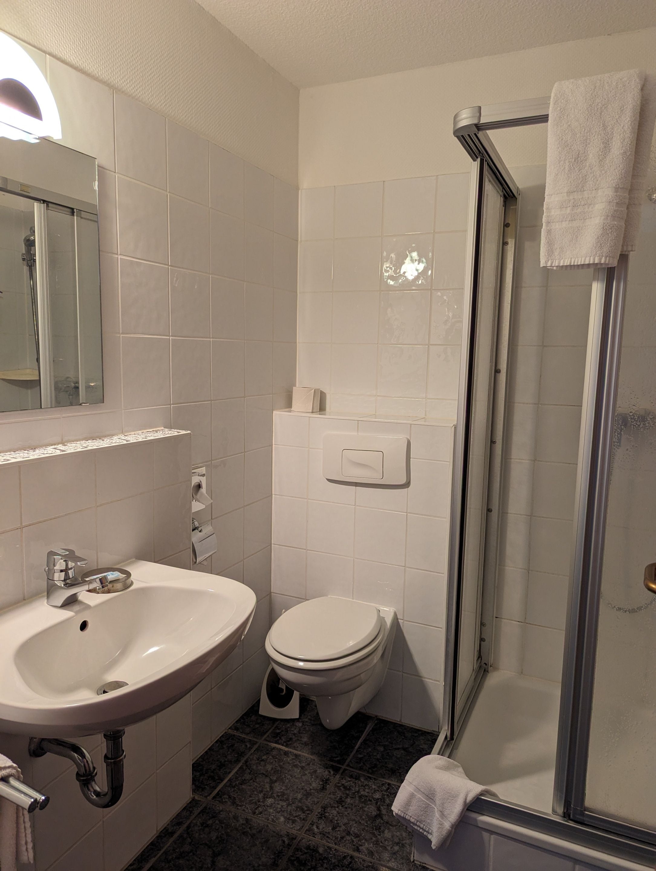 A bathroom with a sink, toilet, and glass-enclosed shower.