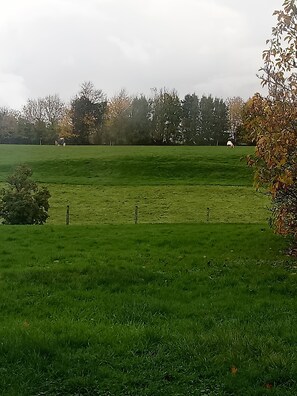 A grassy field with a fence, trees, and a clear sky. - Chalet 'Le  Aimée' with Shared Terrace, Wi-Fi and Air Conditioning (Terres-de-Caux)