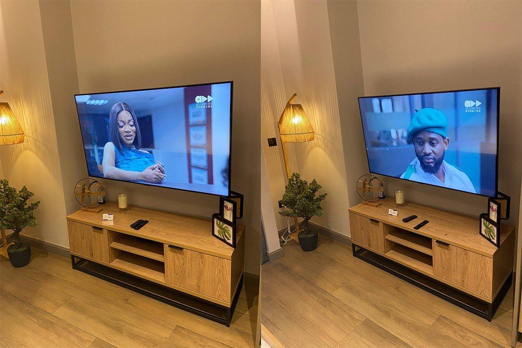 Zwei Fernseher auf Holzständern mit Blumentöpfen in einem Zimmer mit Holzboden.