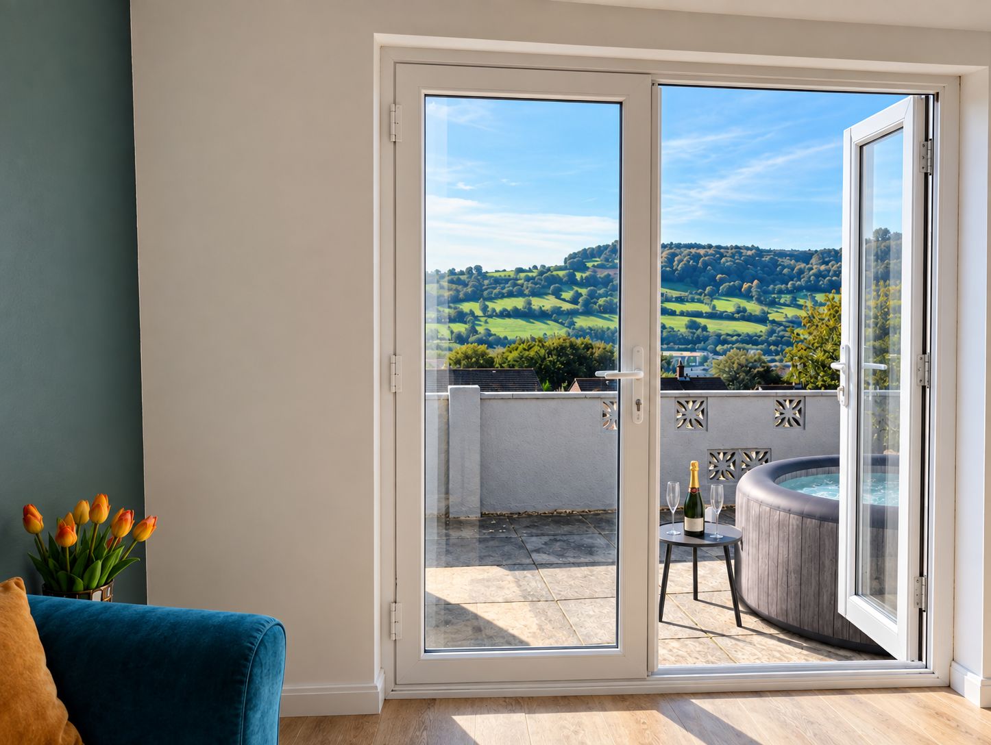 Private hot tub terrace with stunning countryside views