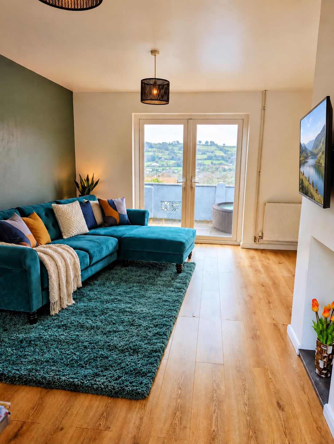 A living room with a teal sectional sofa, a green shag rug, and a view of a hilly landscape through a glass door.