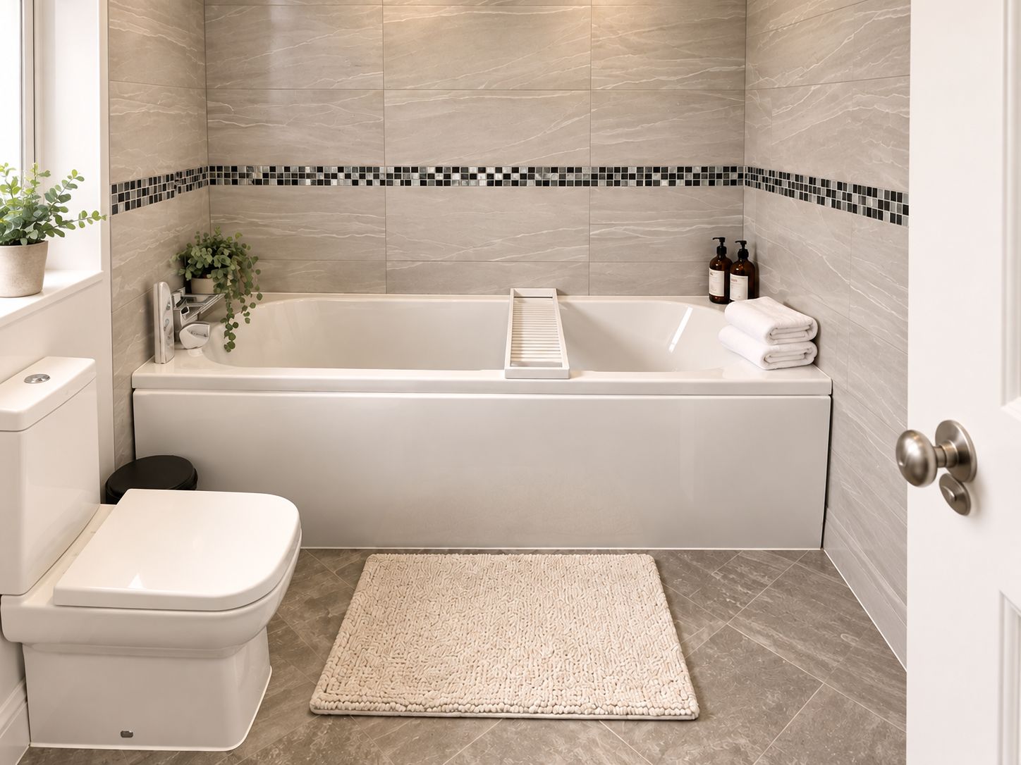 A bathroom with a white bathtub, a toilet, and a small rug.
