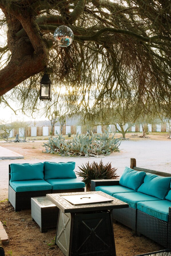 An outdoor seating area with a tree, a hanging disco ball, and a cactus plant.