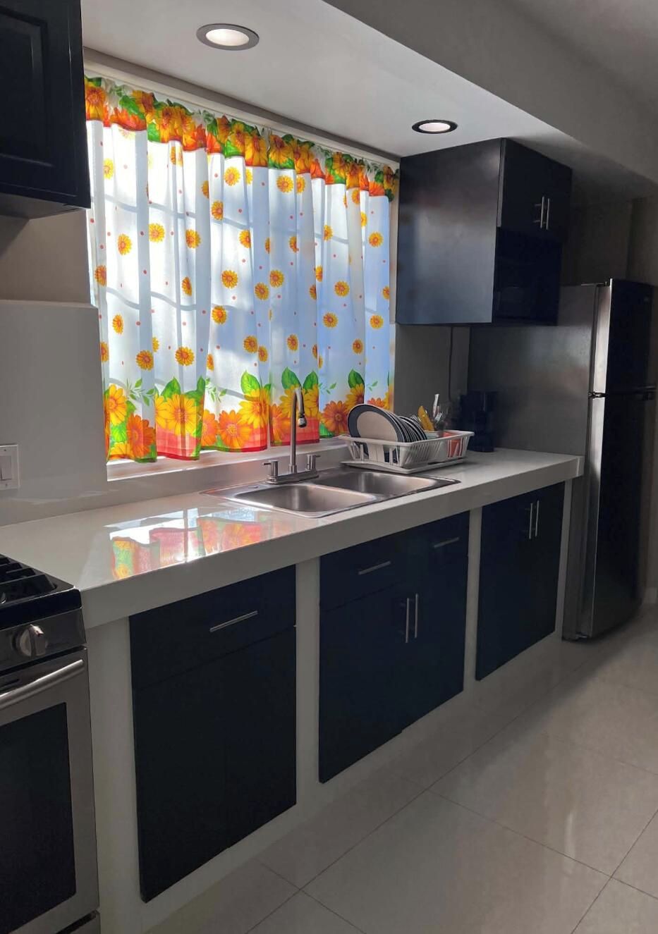 A modern kitchen with a stainless steel refrigerator, a sink, and a stove.