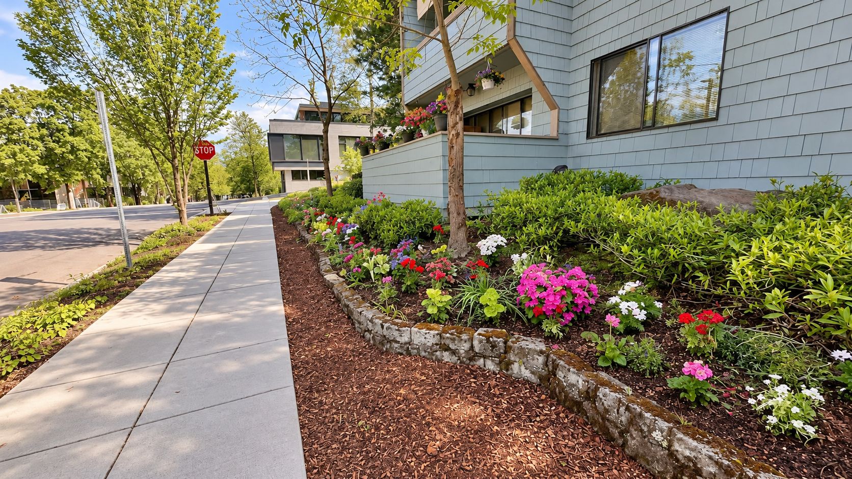 Un bâtiment moderne doté d’un jardin paysager agrémenté de diverses fleurs et arbustes.