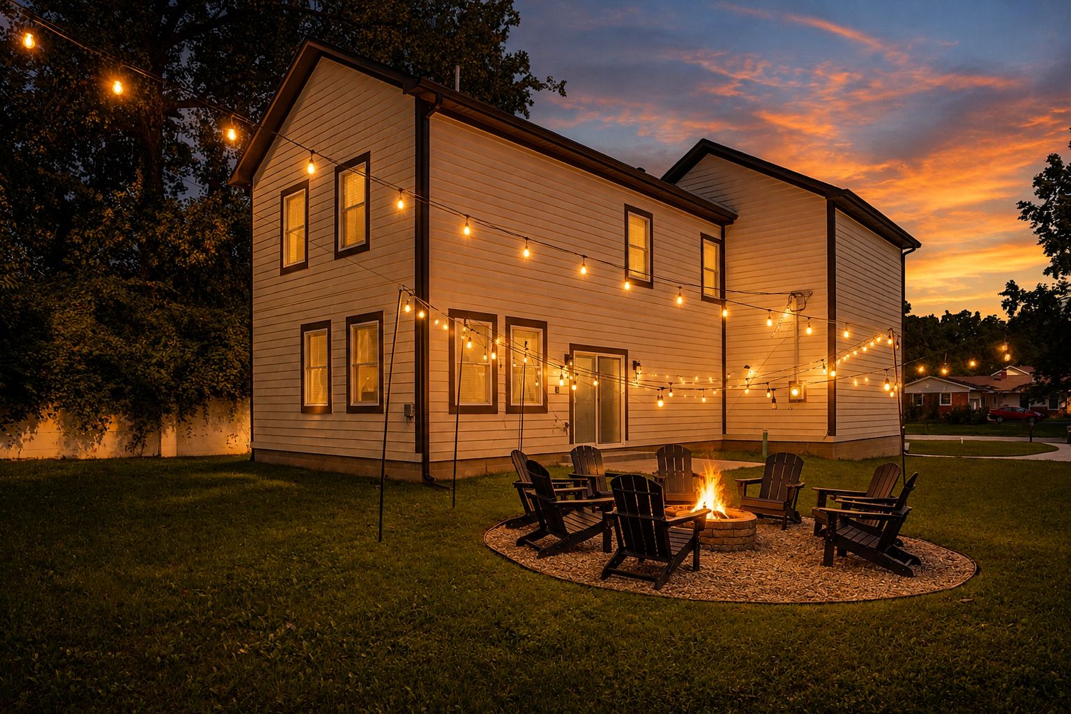 A two-story house with a fire pit and outdoor seating.