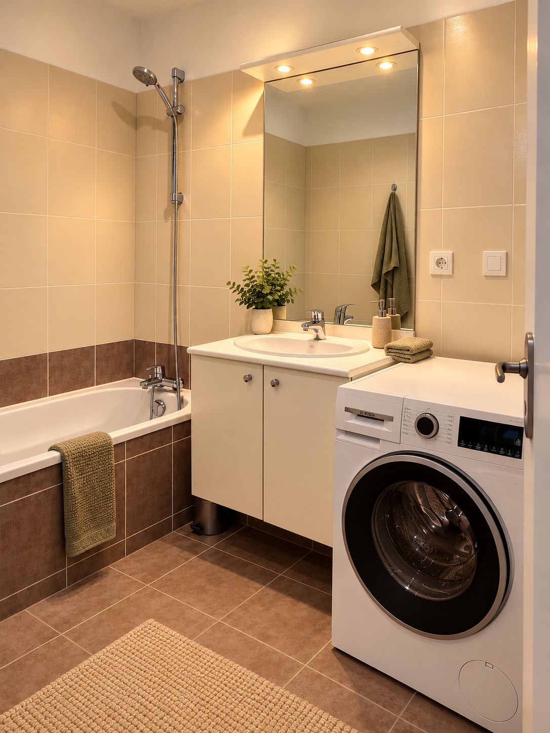 Une salle de bain moderne équipée d’une baignoire, d’une douche, d’un lavabo et d’un lave-linge à chargement frontal.