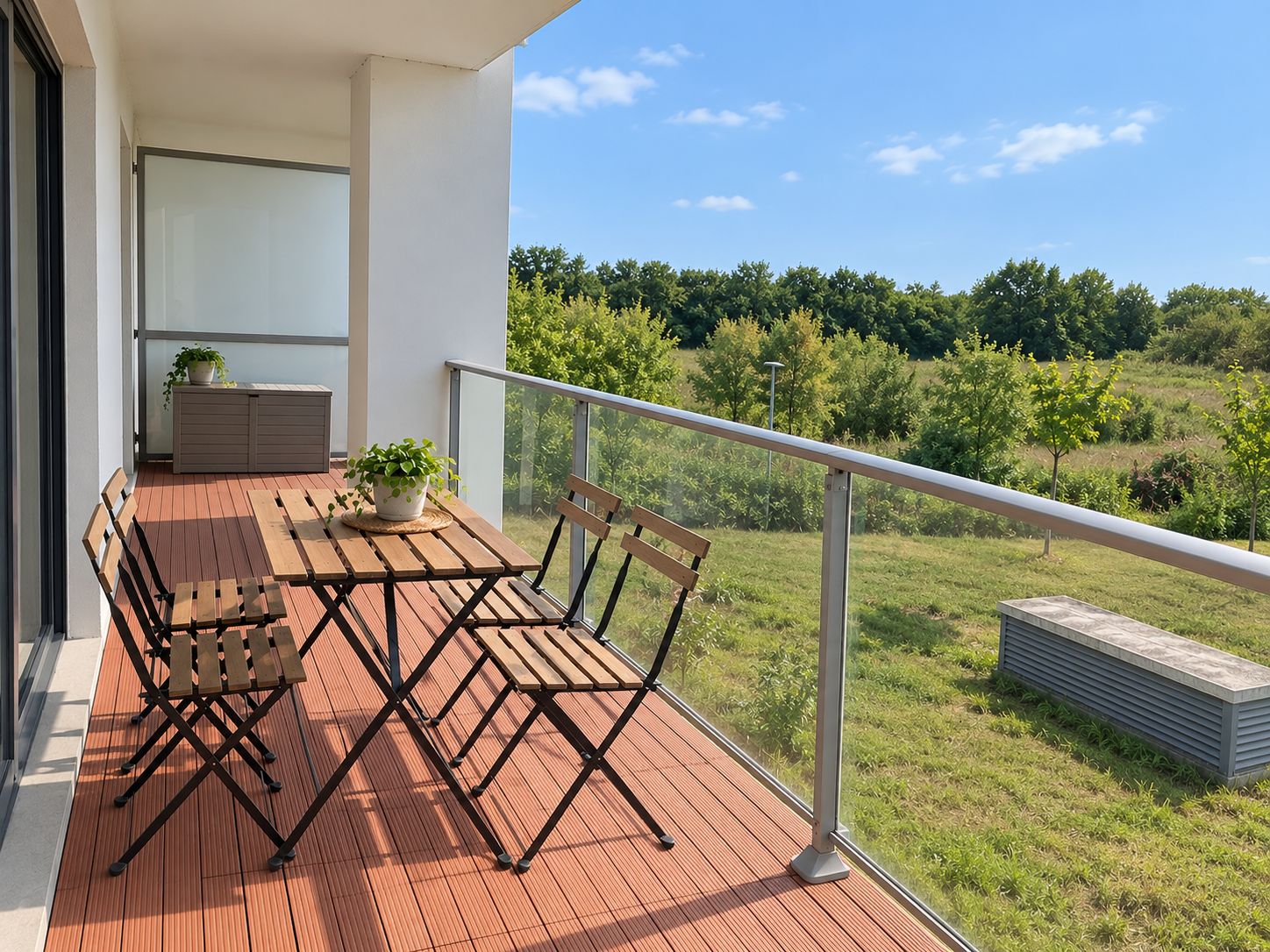 Ein Balkon mit einem Holztisch und Stühlen, einem Blumentopf und Blick auf eine grüne Landschaft.