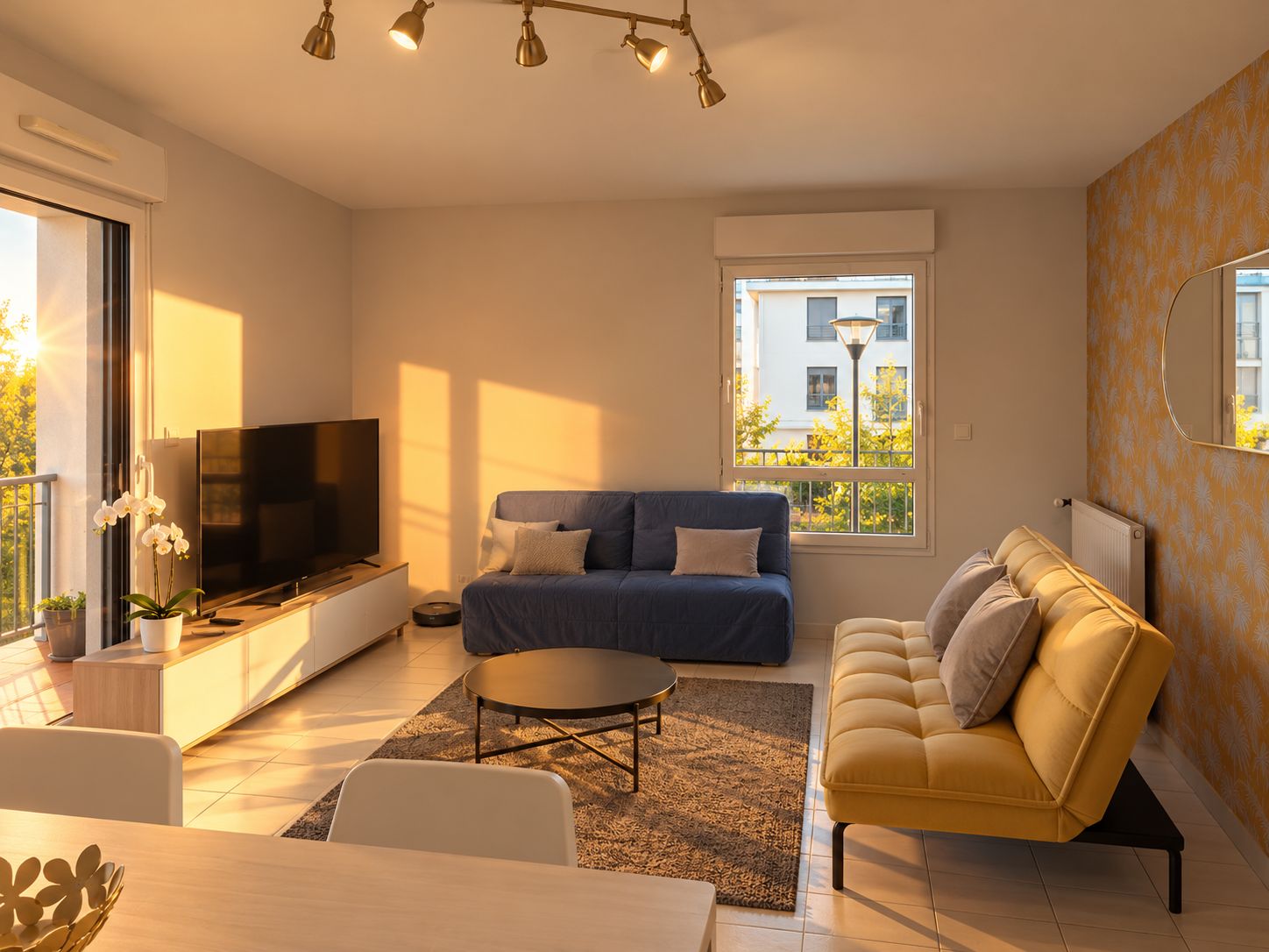 Una sala moderna con un televisor de pantalla plana, un sofá, un sillón amarillo y un comedor.
