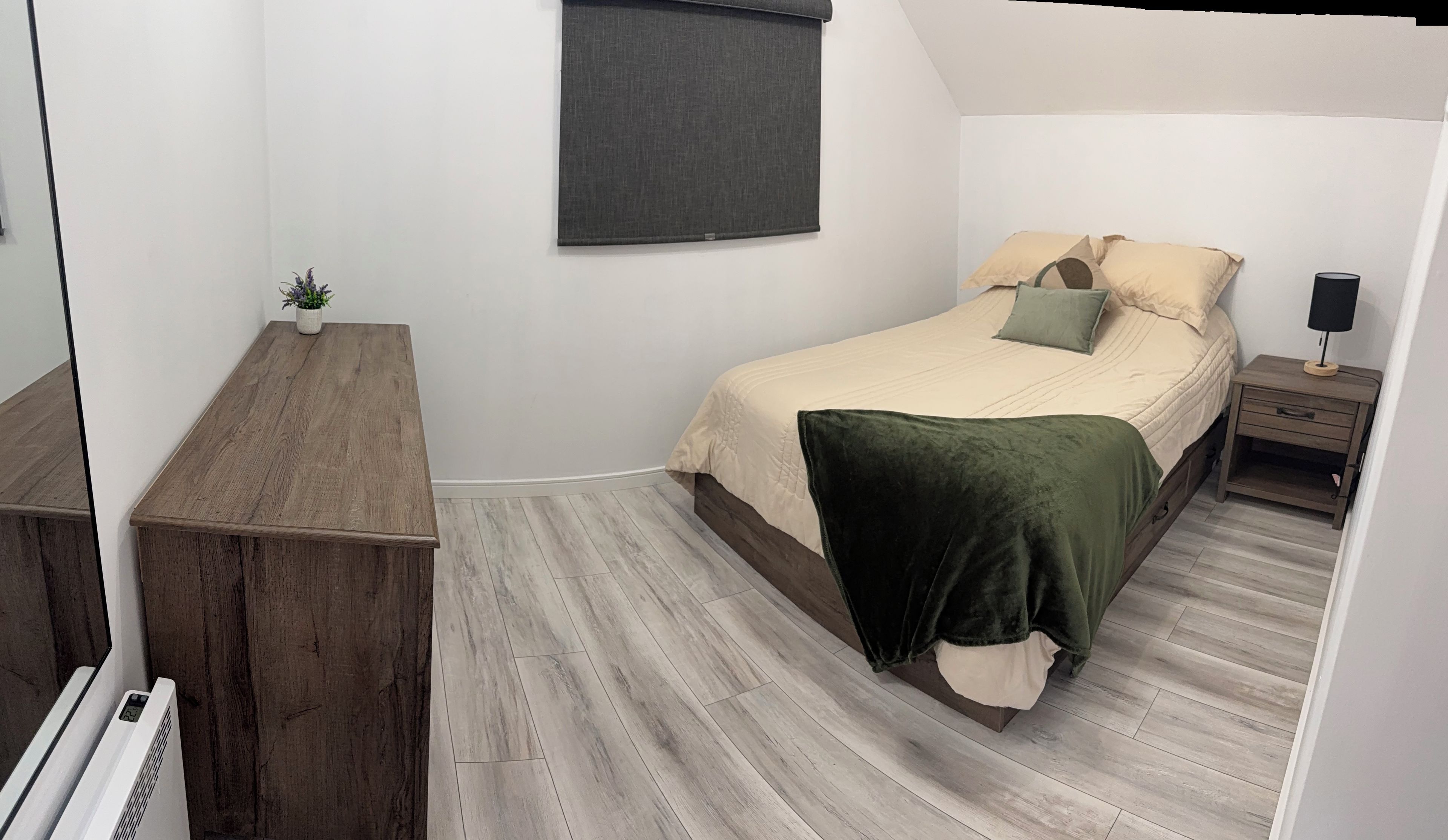 A bedroom with a bed, bedside table, nightstand, and a small potted plant.
