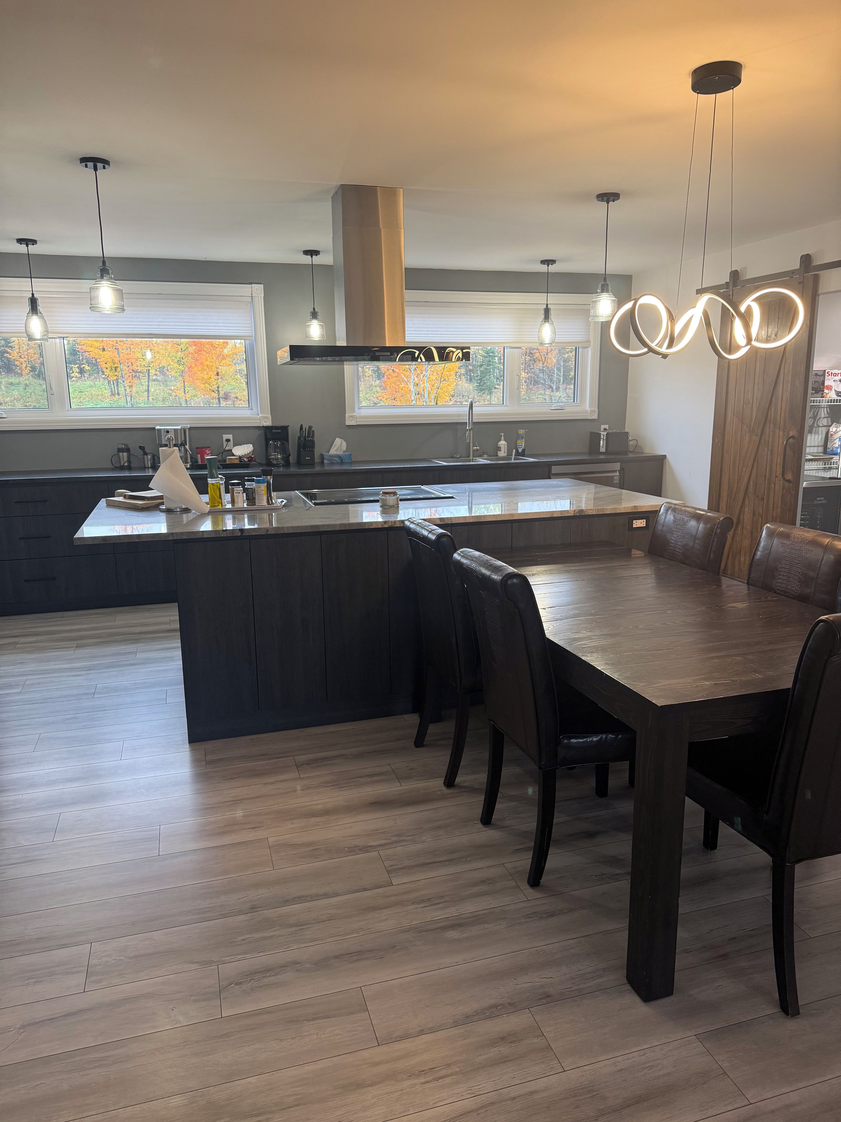 Une cuisine moderne dotée d’un îlot central, de meubles de rangement aux couleurs sombres et d’un éclairage suspendu.