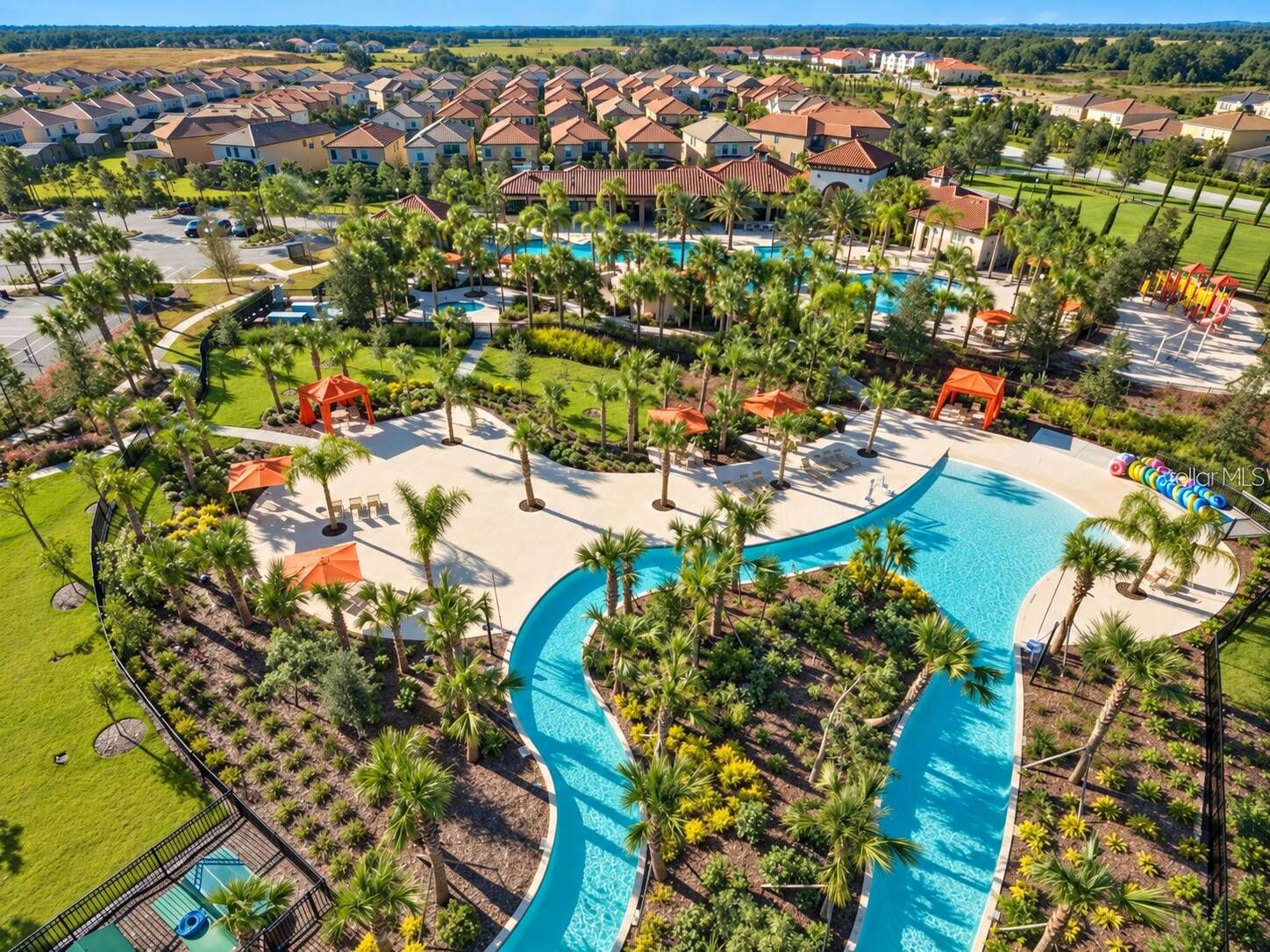 A residential area with a large swimming pool, surrounded by palm trees and a well-maintained lawn.