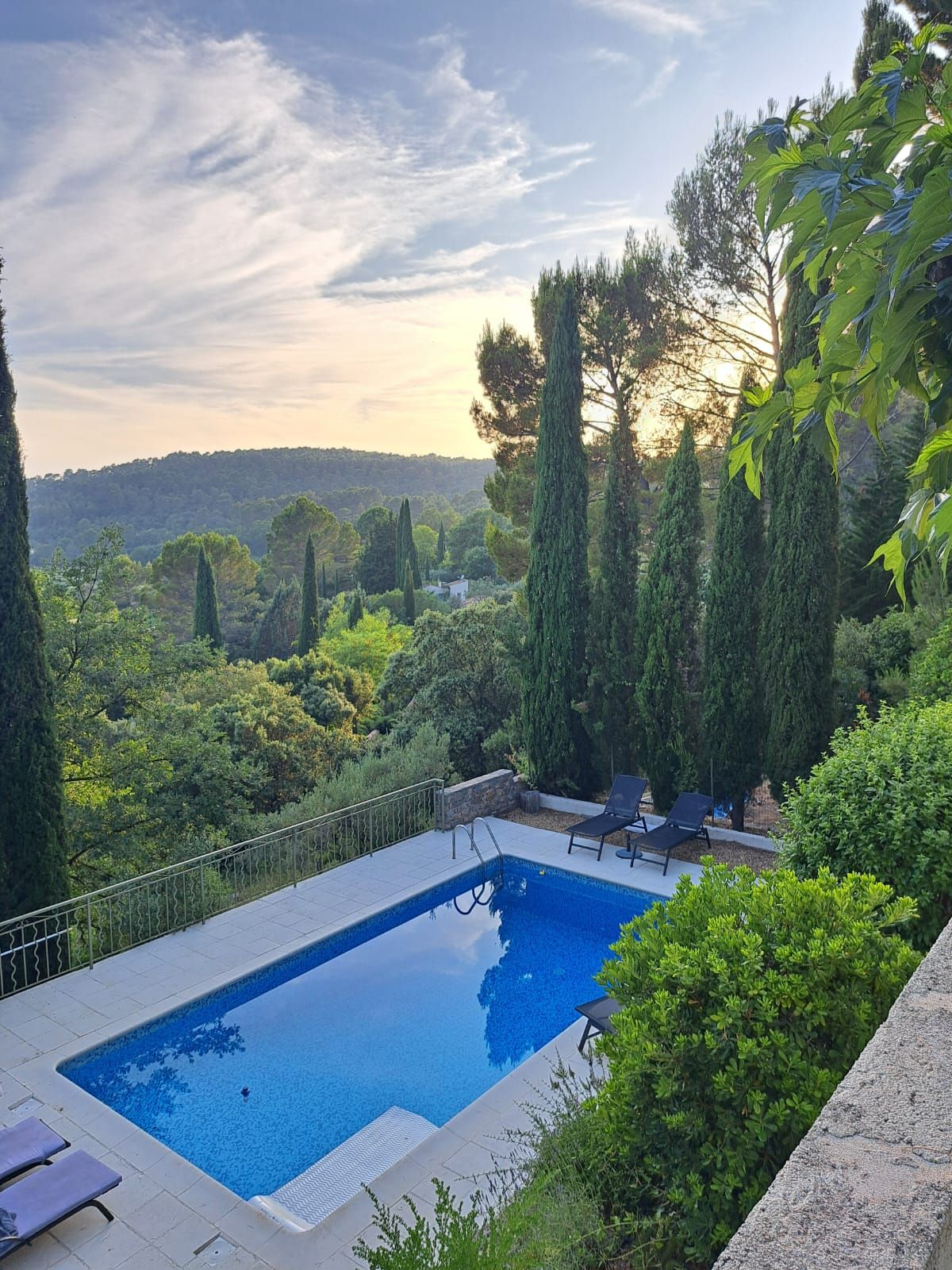 A rectangular swimming pool with a clear blue water surface, surrounded by a stone deck and a metal railing.