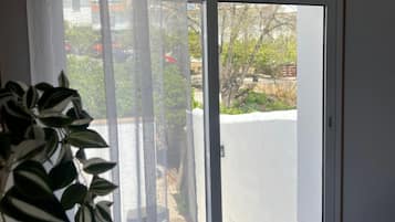 Una habitación con puerta corredera de vidrio que da a un área exterior, una planta en maceta y una cortina blanca.