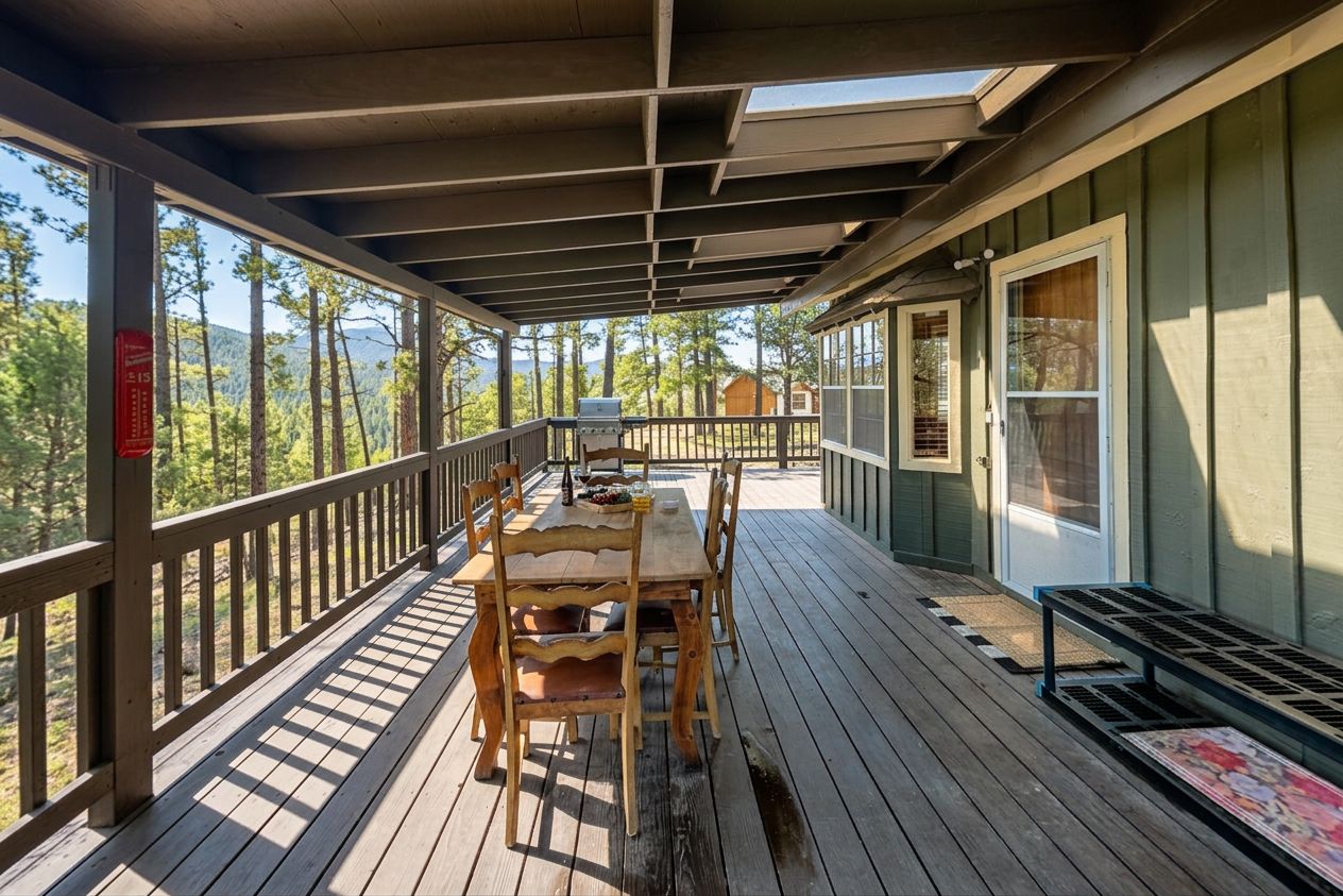 A covered outdoor deck with a wooden table and chairs, overlooking a forested area.