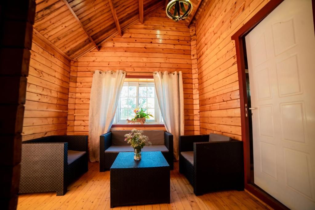 Une chambre de style rustique, avec un plafond en bois, une fenêtre avec des rideaux, un canapé, deux fauteuils et une petite table sur laquelle est posé un vase.