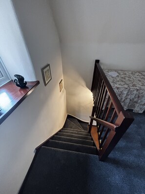 Un escalier avec une rampe en bois et des marches recouvertes de moquette, menant à un palier.