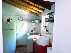 A compact kitchen with a refrigerator, a sink, and a wooden ceiling. - Alecrim - AL Country House in Quintos - Beja Pet-Friendly (Quintos)