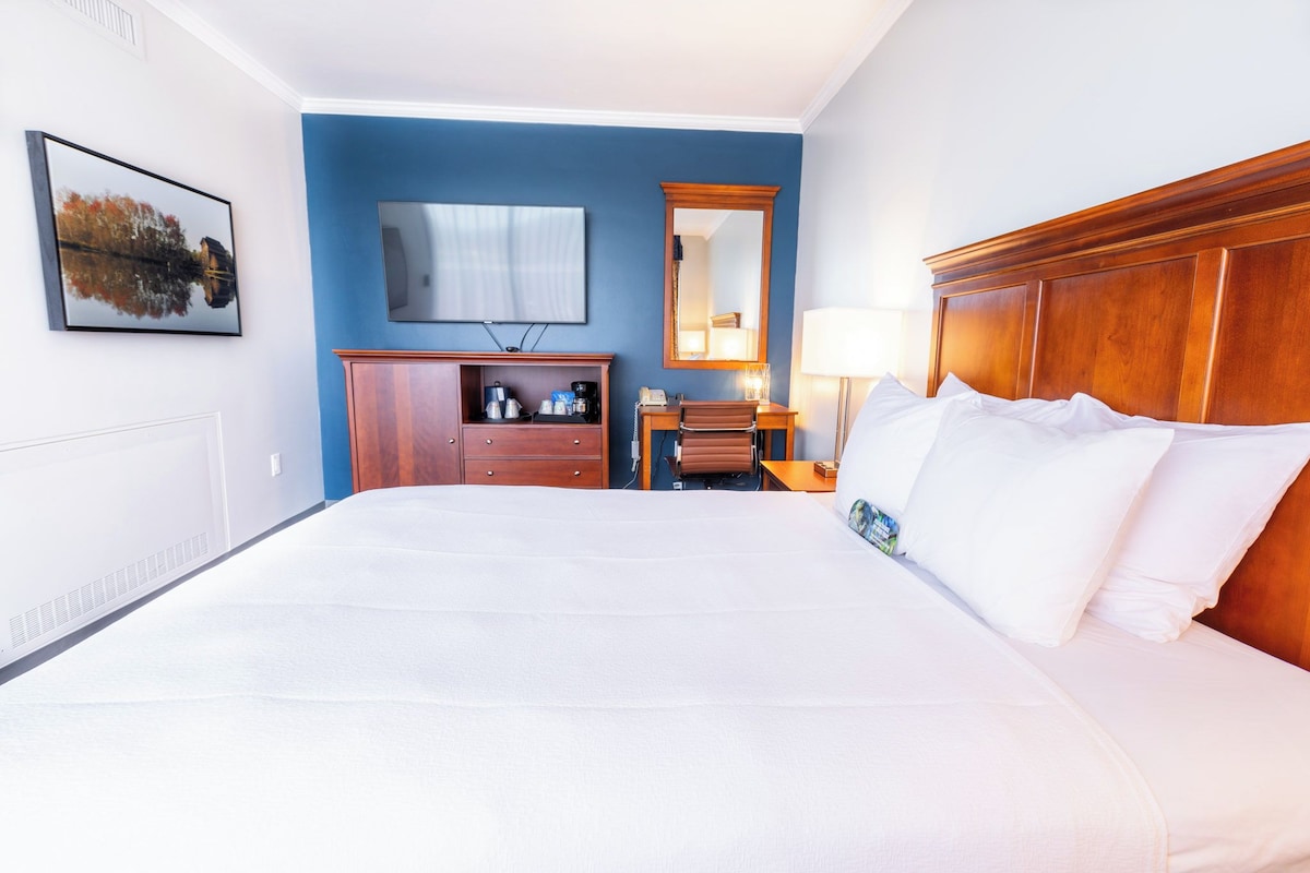 A hotel room with a large bed, a desk with a chair, a television, a mirror, and a window.