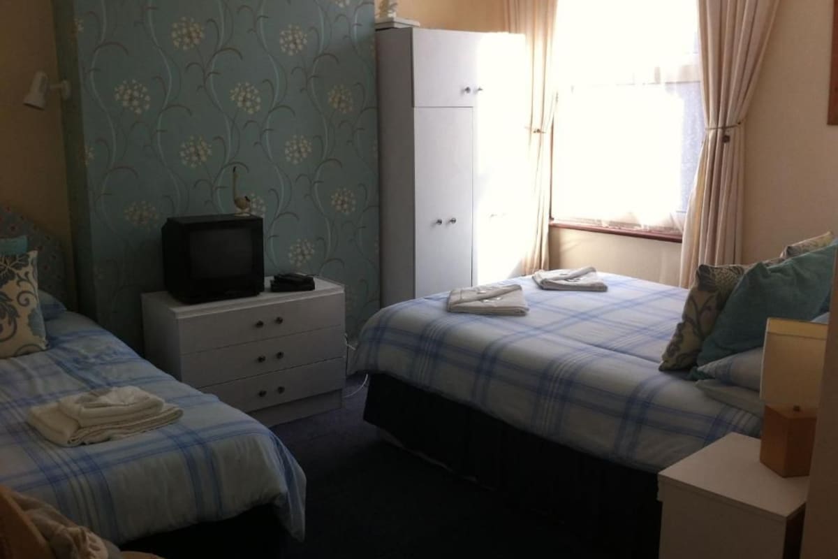 A bedroom with two beds, a wardrobe, a television, and a window with curtains.