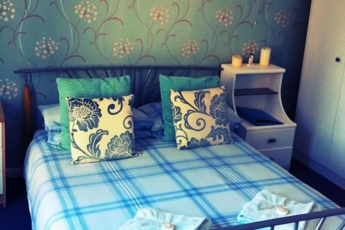 A bed with a blue and white checkered bedspread, two decorative pillows, a bedside table with a lamp, and a wall with a floral pattern.