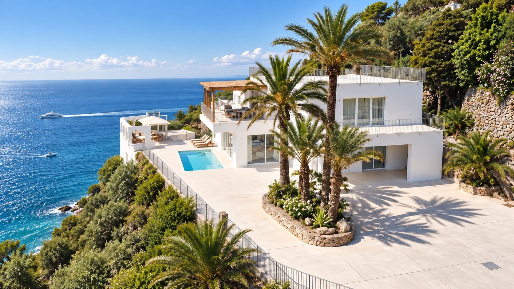 Une maison moderne à deux étages, dotée d’une piscine, entourée de palmiers et offrant une vue sur la côte.