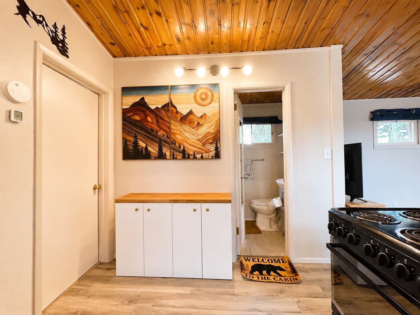 A cabin interior with a wooden ceiling, a painting of mountains, a white cabinet, a toilet, and a stove.
