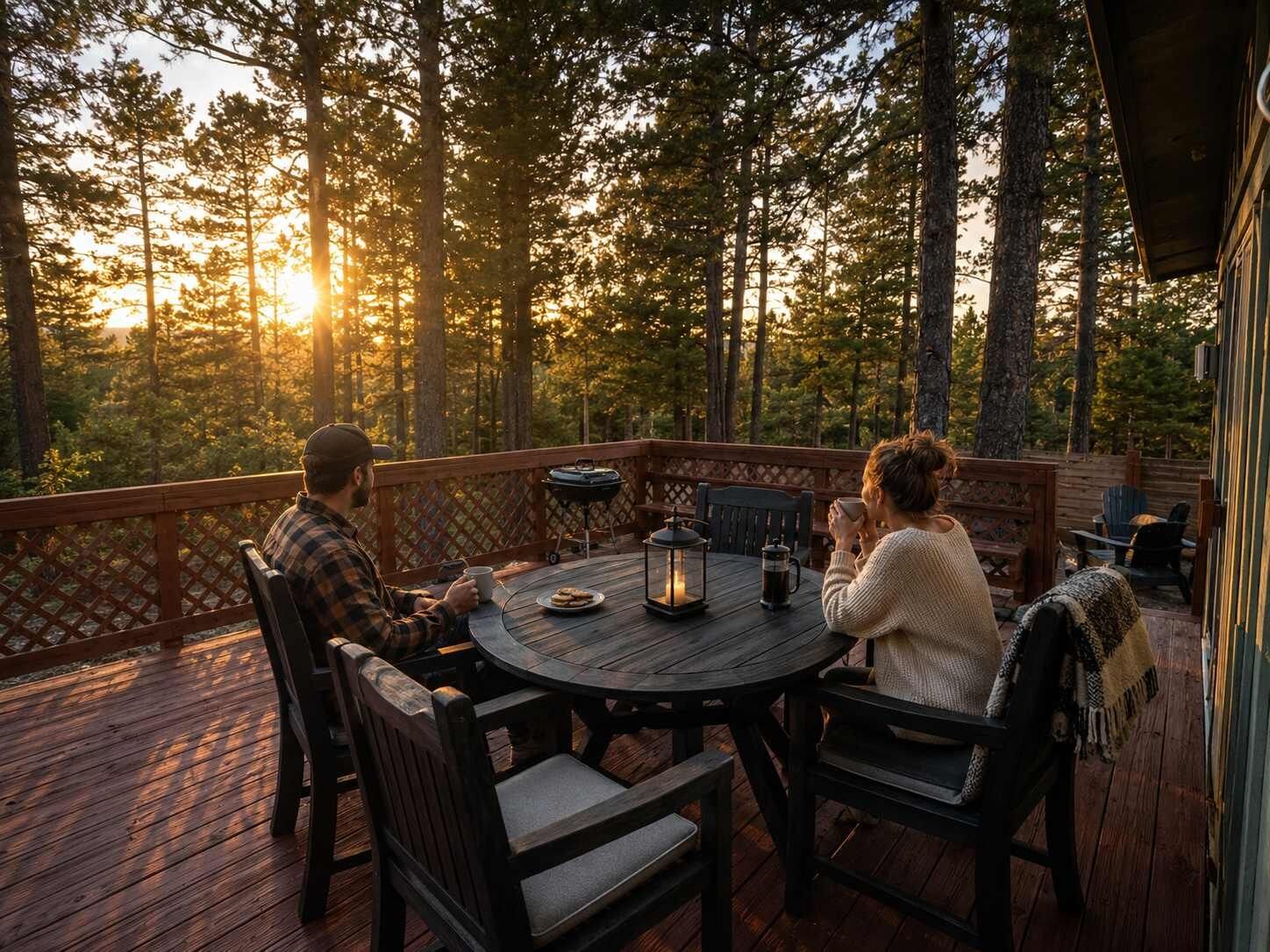 A wooden deck with a round table and chairs, surrounded by a wooden fence, overlooking a forested area.