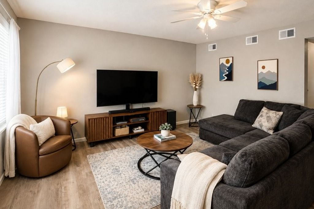 A modern living room with a flat-screen TV, leather sofa, and a ceiling fan.