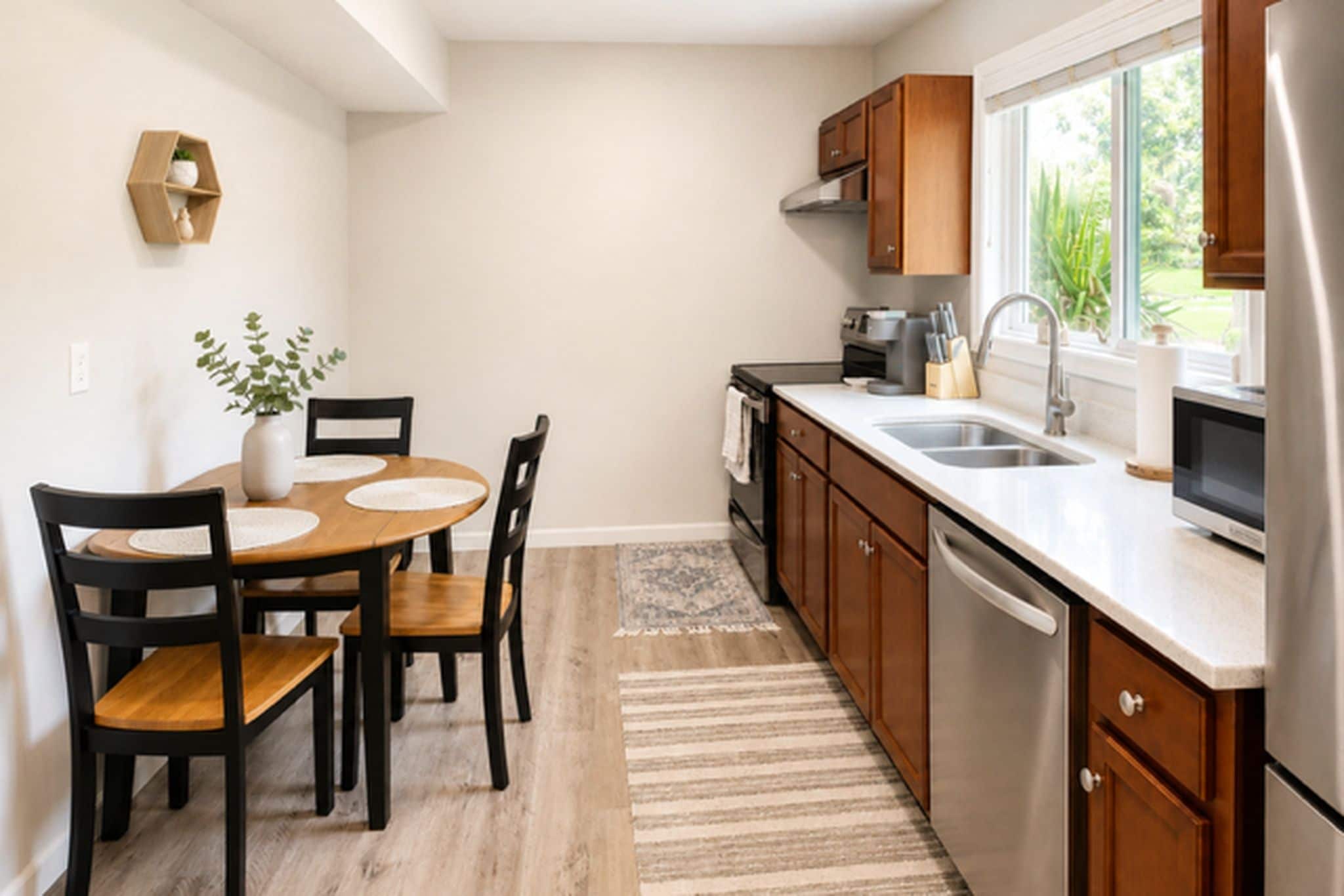 A modern kitchen with wooden cabinets, a stainless steel refrigerator, and a dining area with a wooden table and chairs.