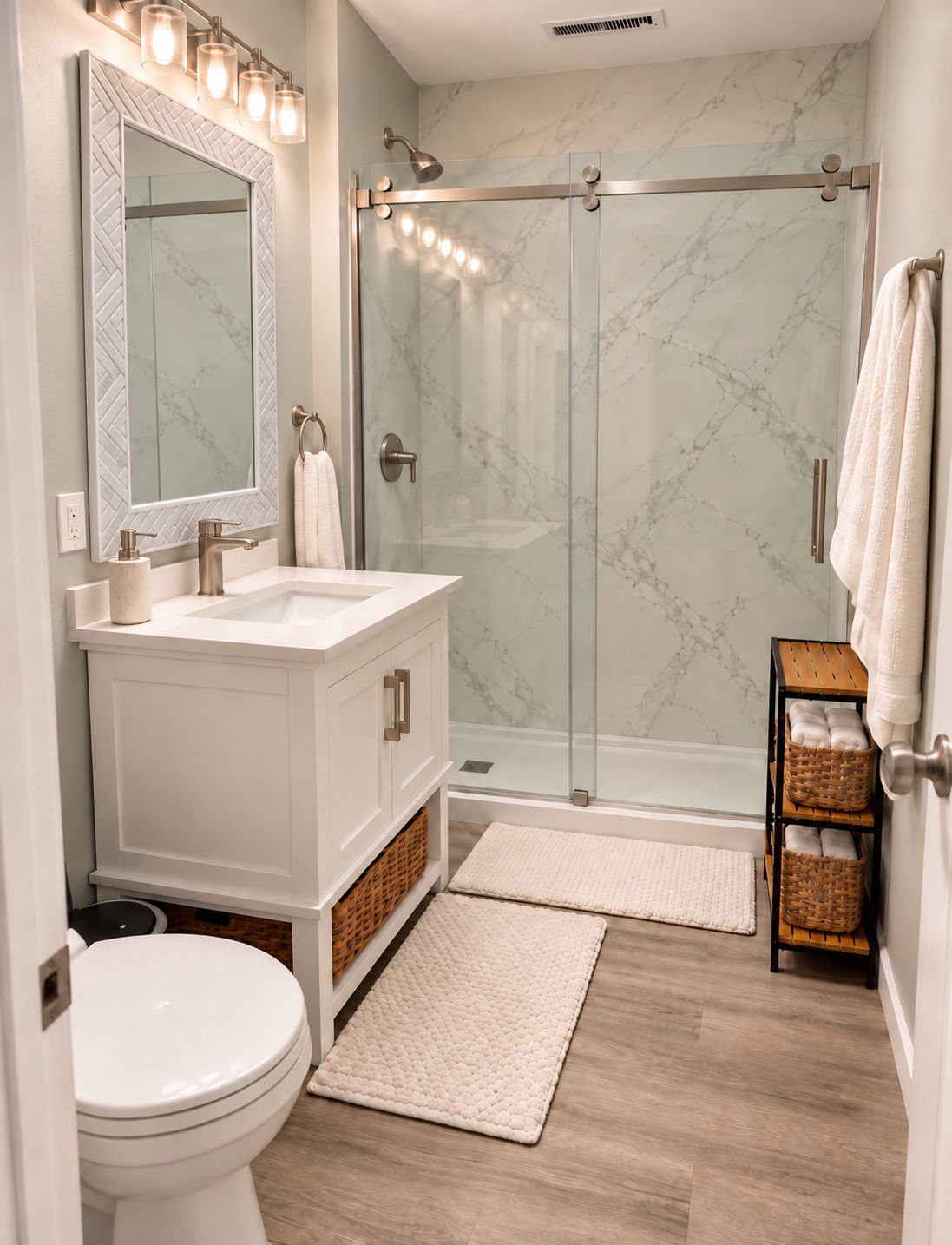 A modern bathroom with a glass shower enclosure, a white vanity, and a large mirror.