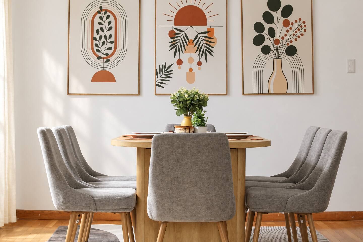 A dining area with a round wooden table, two grey upholstered chairs, and three framed abstract wall art pieces.
