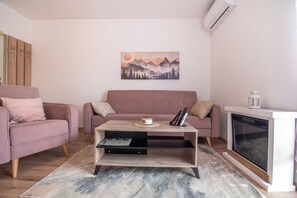A living room with a sofa, armchair, coffee table, and a fireplace. - Zabljak Hills City Center-only 400m walking distance from the center (Žabljak)